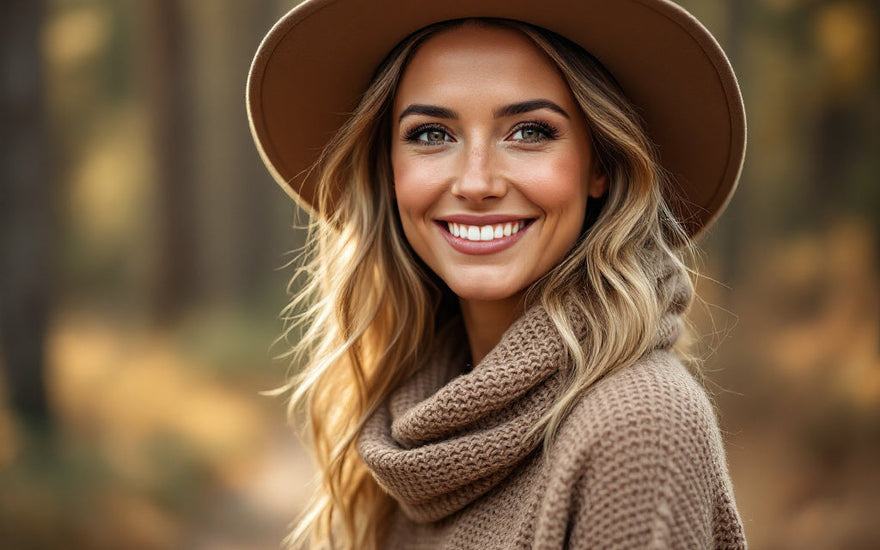 Woman in a wide-brim hat on a pine-lined North Idaho trail in soft early-autumn light